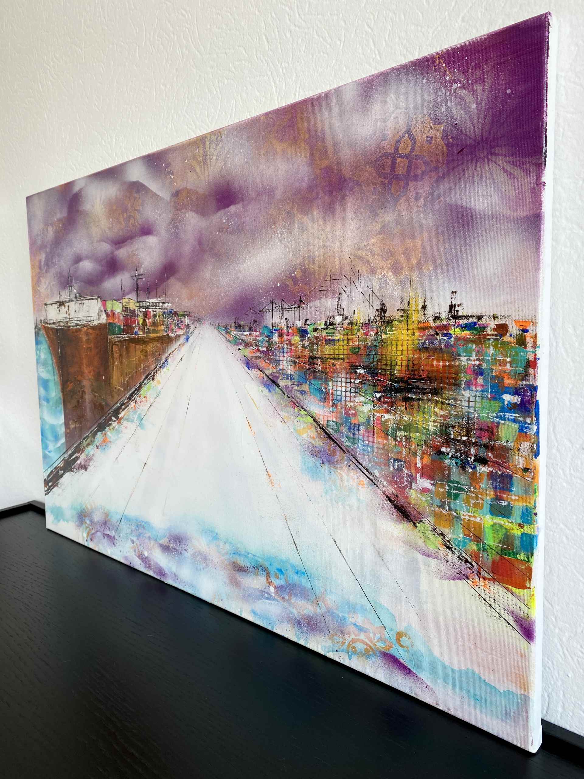 Side view of artwork "Purple Clouds" by Nina Groth