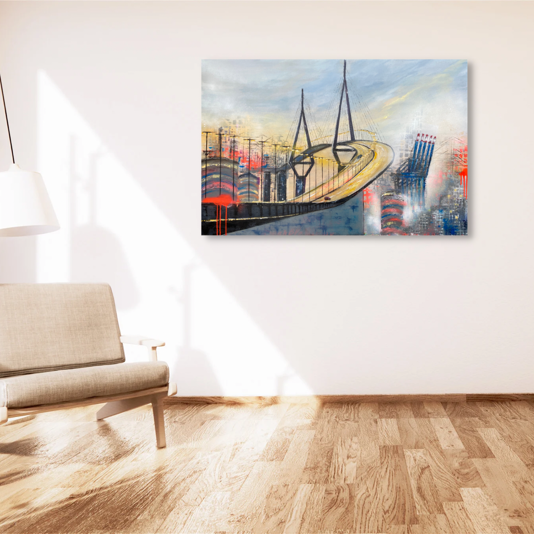 Artwork "Dawn at Köhlbrand" by Nina Groth in the interior