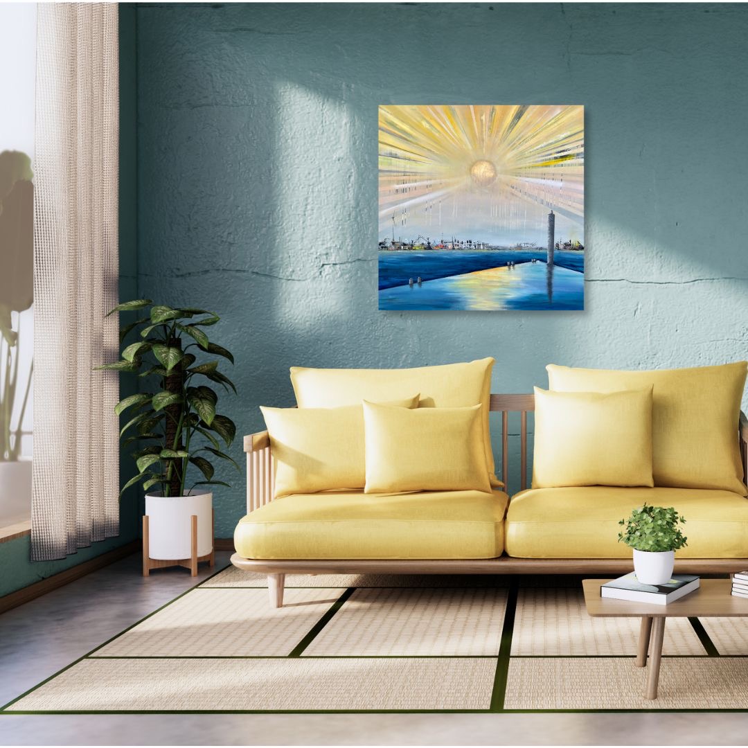 Artwork "Sunbeams & Rain Pontoon" by Nina Groth in the interior