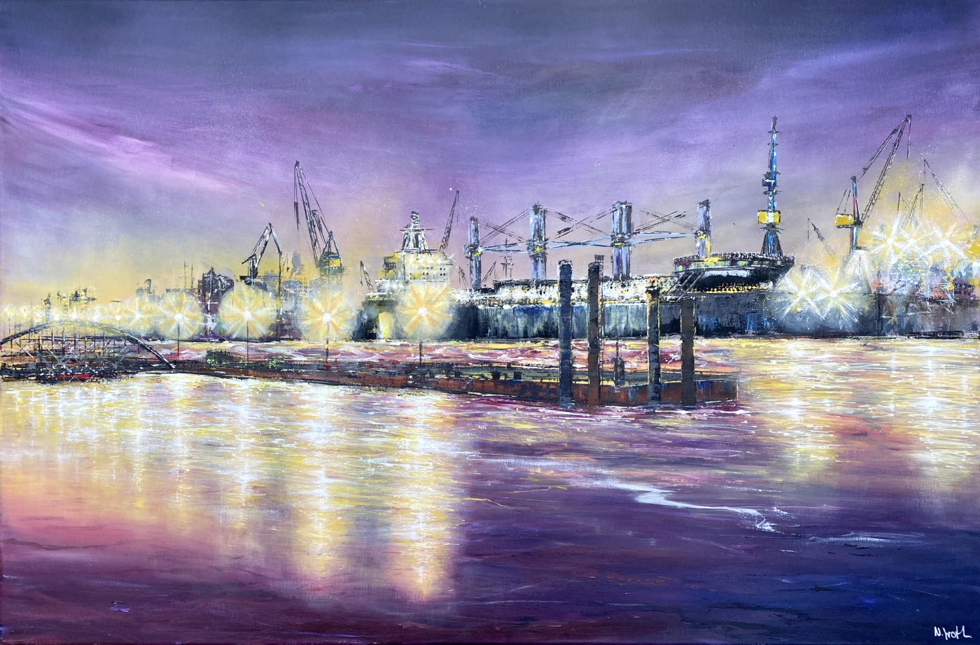 Lichtspiele von Nina Groth – Hafen bei Nacht mit Schiff, Kränen und Lichtreflexionen im Wasser