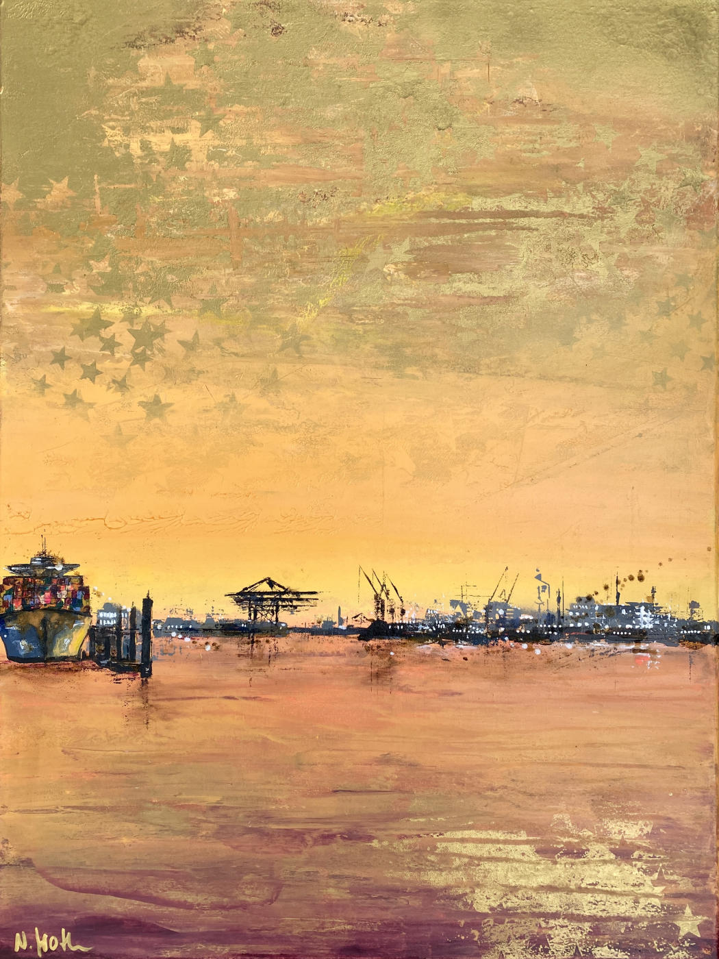 Schluss mit Grau von Nina Groth – reduzierte Hafenlandschaft mit Industrie-Silhouette und weitem Himmel