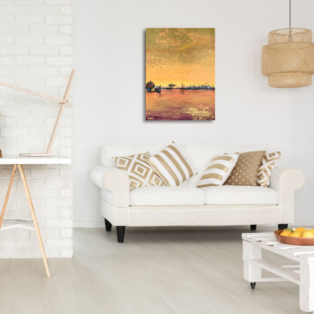 Schluss mit Grau | Wohnraumbeispiel Moderne Hafenmalerei Schluss mit Grau von Nina Groth in moderner Wohnraumsituation – reduziertes Hafenbild mit Industriehorizont