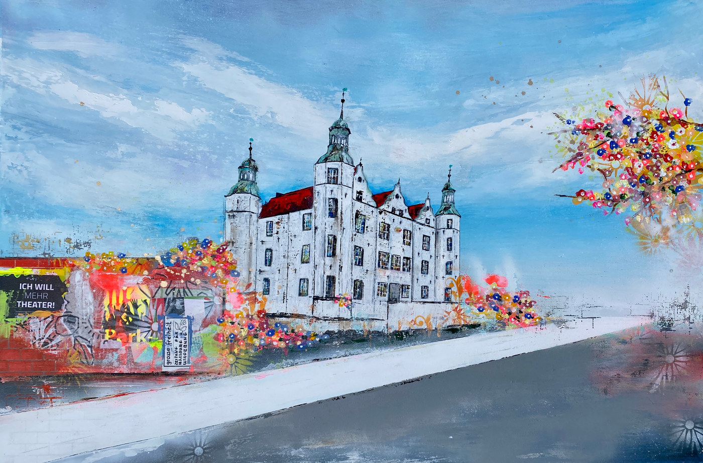 Auftragsgemälde Ahrensburger Schloss Modernes Auftragsgemälde mit urbaner Perspektive auf das Ahrensburger Schloss von Nina Groth