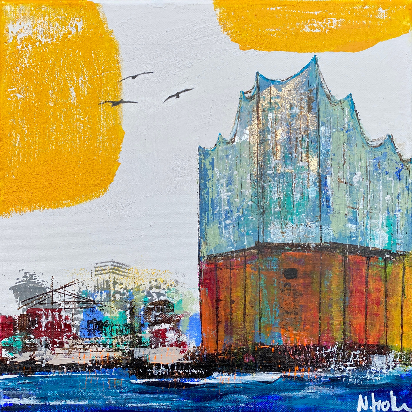 Auftragsgemälde mit Ansicht der Elbphilharmonie Modernes Auftragsgemälde mit Ansicht der Elbphilharmonie von Nina Groth