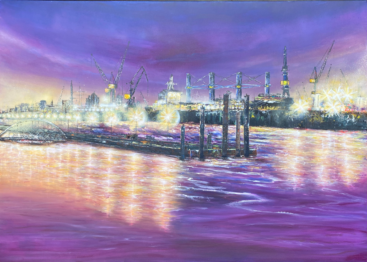 Auftragsgemälde Hafenansicht Modernes Auftragsgemälde mit abendlicher lichtdurchfluteter Hafenansicht von Nina Groth