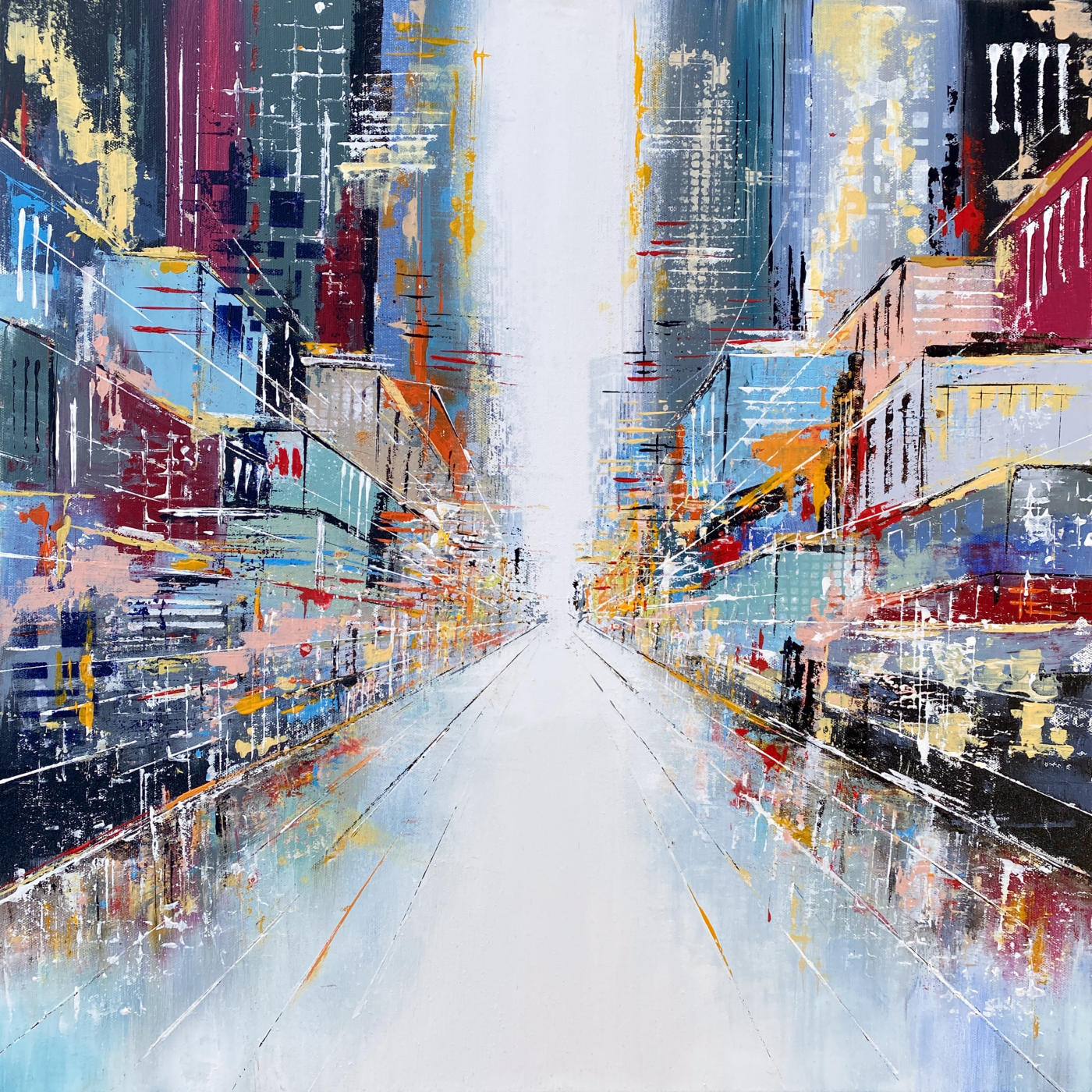 Das was kommt | Urbane Stadtperspektive mit Fluchtpunkt Das was kommt von Nina Groth – urbane Stadtlandschaft mit weißer Straße, Spiegelungen und zentralem Fluchtpunkt
