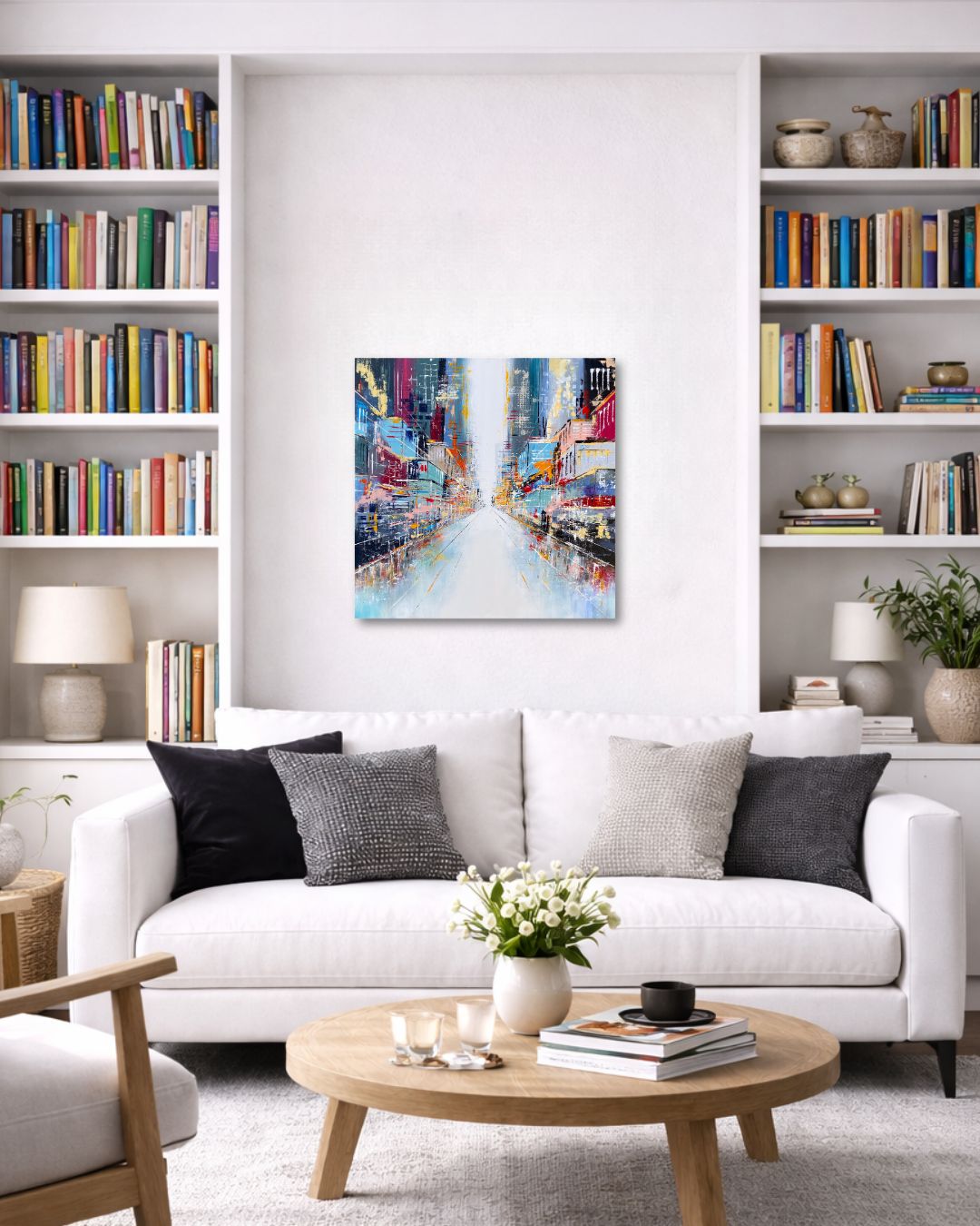 Das was kommt | Wohnraumbeispiel Moderne Stadtmalerei Das was kommt von Nina Groth in moderner Wohnraumsituation – Stadtgemälde mit Perspektivachse