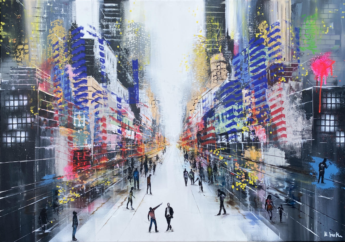 Spotting the Pink von Nina Groth – urbane Stadtlandschaft mit zentraler Lichtachse und Figuren