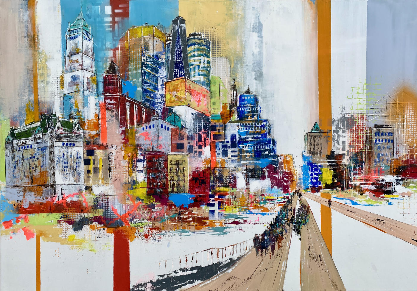 First Mover von Nina Groth – urbane Stadtlandschaft mit zentraler Fluchtpunktperspektive und Figuren