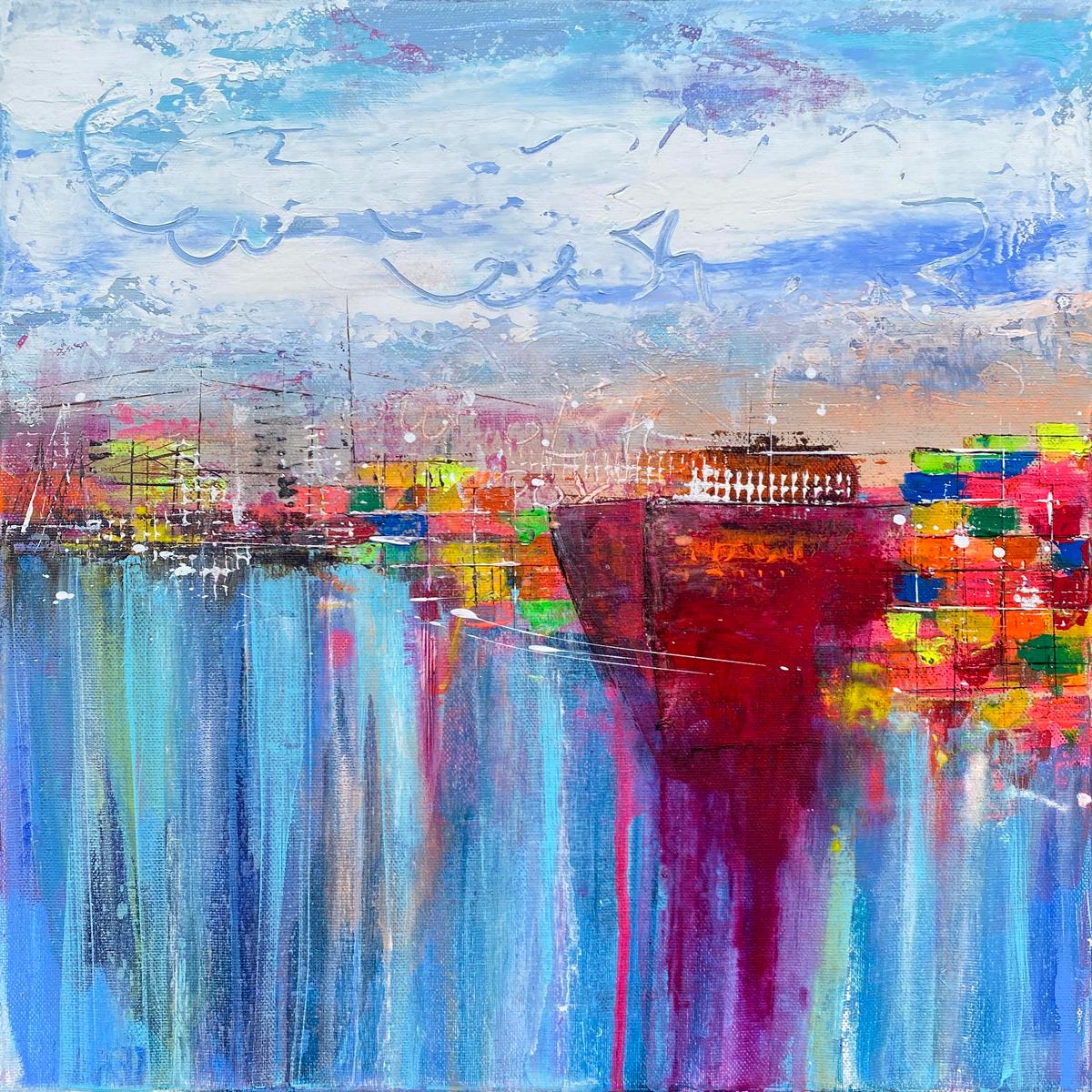 Zeitgenössisches Hafenbild mit frontalem Schiff, Containerstruktur und dynamischen Farbschlieren aus der Serie Steel & Sky von Nina Groth.