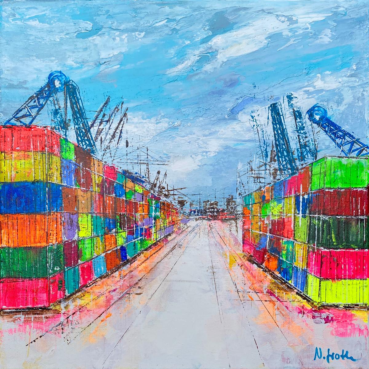 Zeitgenössische Hafenmalerei mit zentralem Fluchtpunkt, Containerstruktur und Hafenkränen aus der Serie Steel & Sky von Nina Groth.