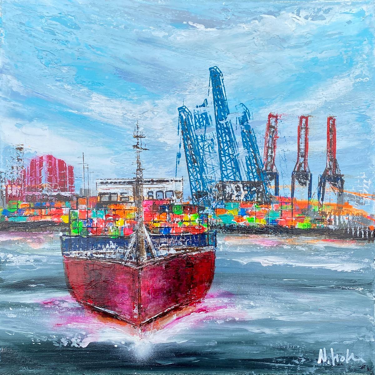 Zeitgenössische Hafenmalerei mit frontalem Schiff, Containerterminal und Hafenkränen aus der Serie Steel & Sky von Nina Groth.