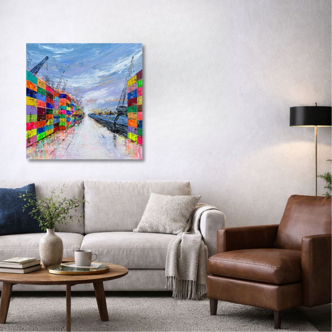 Steel & Sky – Handle With Care V als moderne Hafenmalerei von Nina Groth im Wohnraum präsentiert.