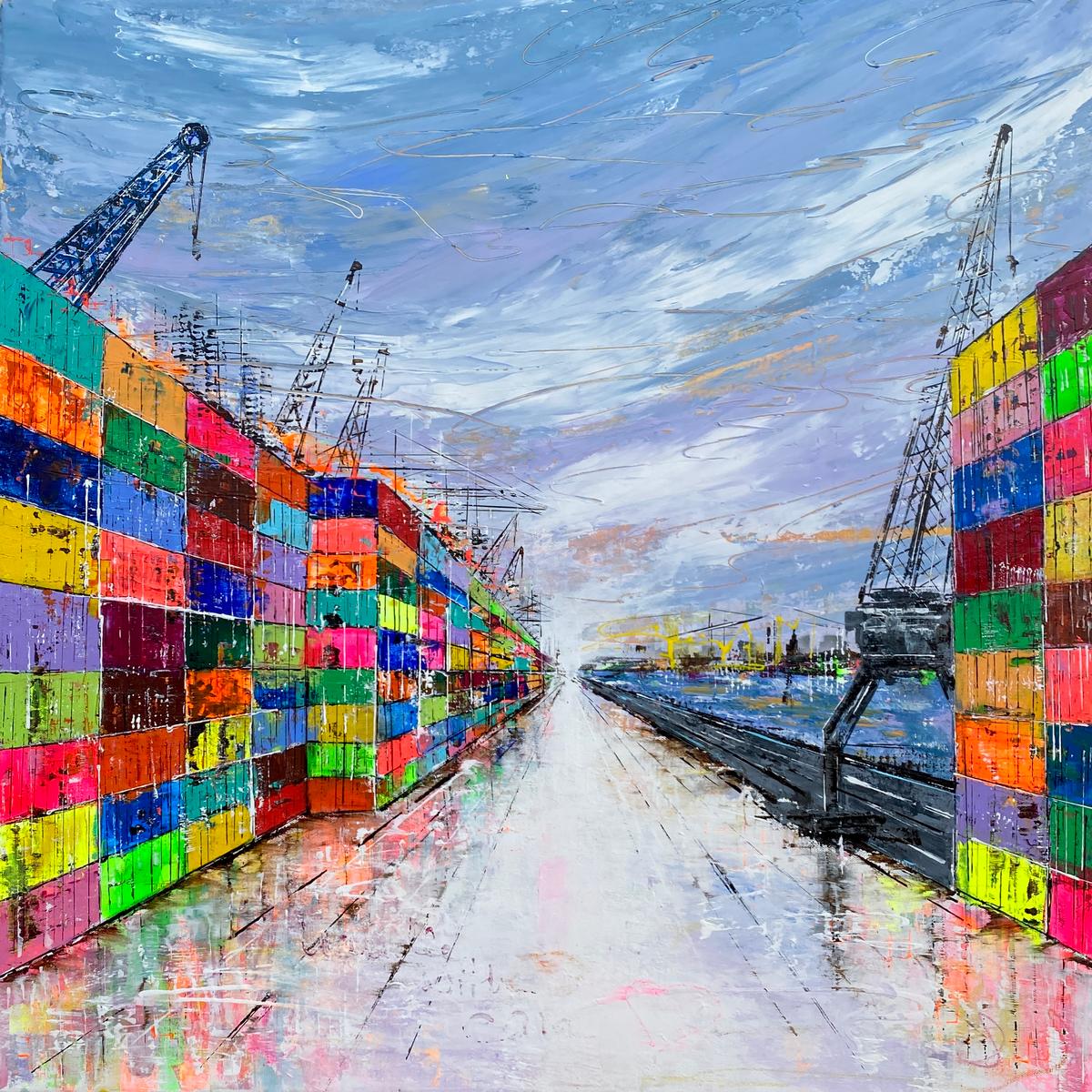 Zeitgenössische Hafenmalerei mit Containerstruktur, Spiegelungen und subtil eingearbeitetem Schriftzug „Handle With Care“ aus der Serie Steel & Sky von Nina Groth.