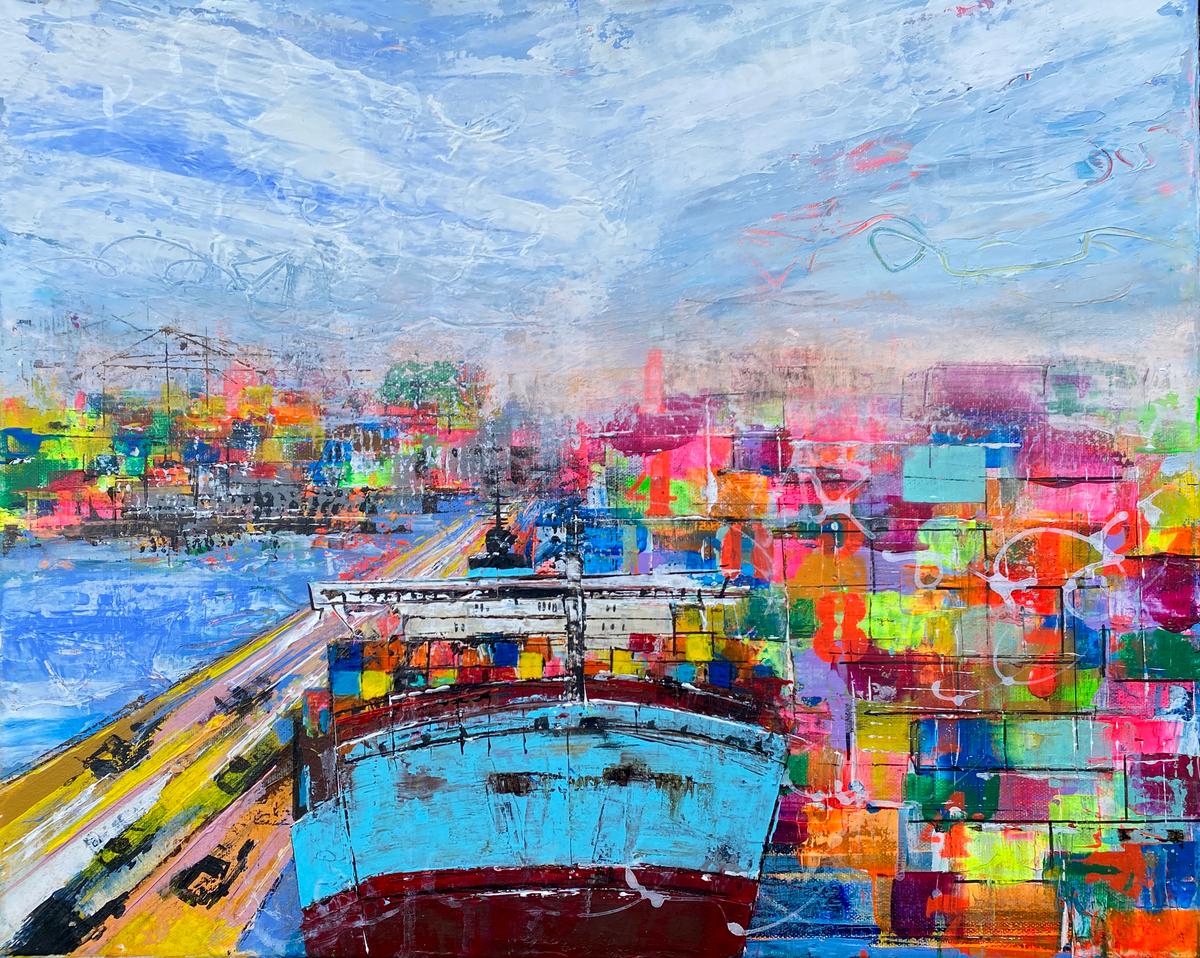 Zeitgenössische Hafenmalerei mit frontalem Schiff, Containerhafen und subtil eingearbeiteten Papierfliegern aus der Serie Steel & Sky von Nina Groth.