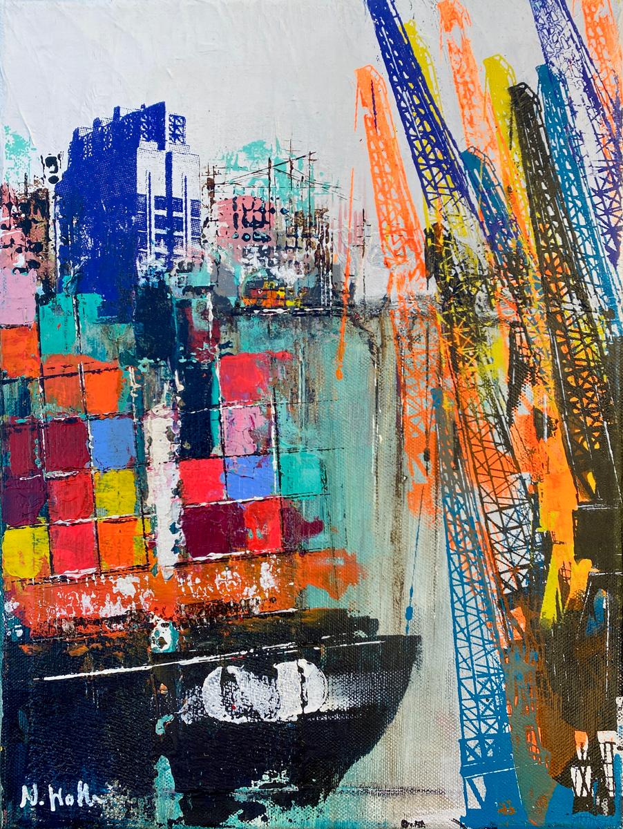 Zeitgenössische Industriekunst mit Containerstrukturen, Hafenkränen und dynamischer Komposition aus der Serie Steel & Sky von Nina Groth.