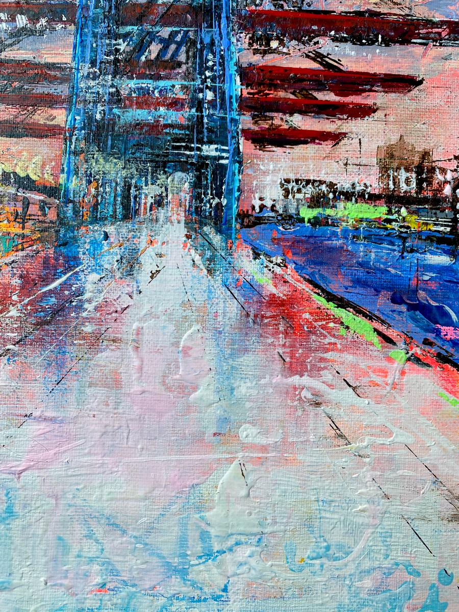 Detail mit zentralem Fluchtpunkt, kindlich gezeichnetem Papierschiff und industrieller Hafenstruktur aus der Serie Steel & Sky von Nina Groth.