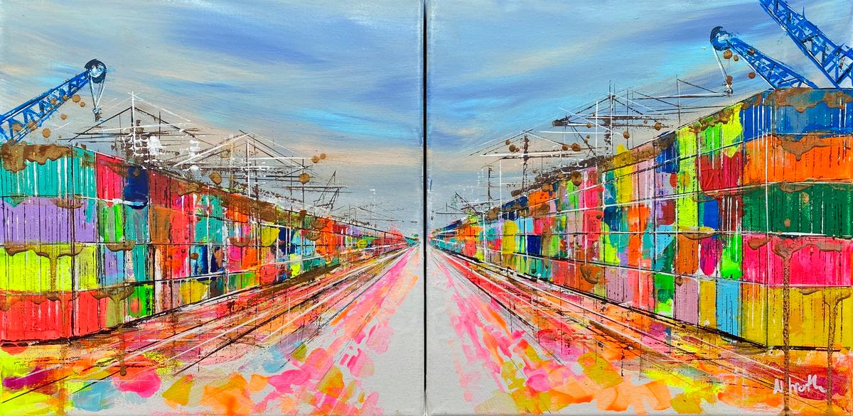 Diptychon aus der Serie Steel & Sky mit gespiegelt angeordneten Containerstrukturen, Hafenkränen und zentraler Fluchtachse von Nina Groth.