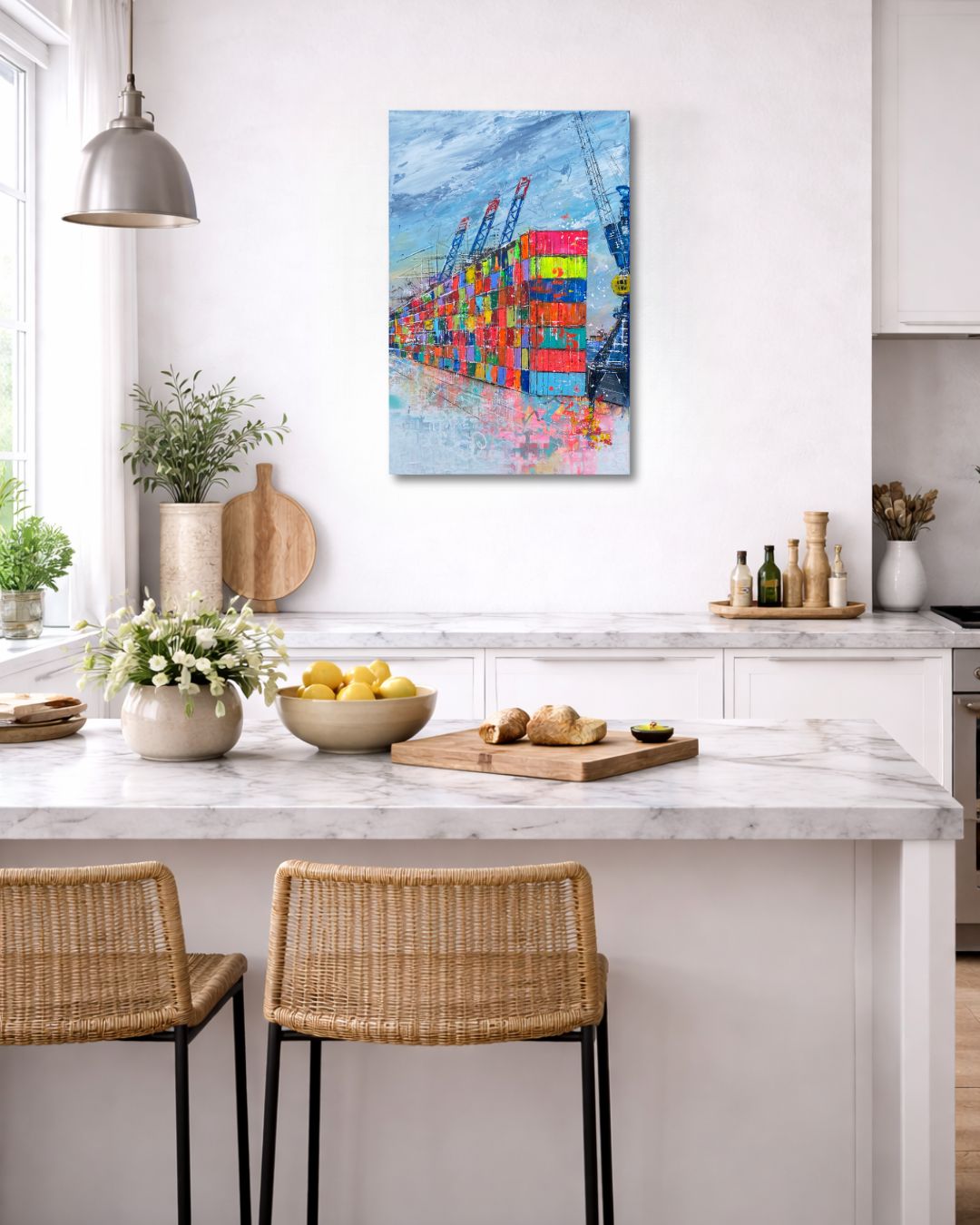 Steel & Sky – Stacked Secrets II | Wohnraumbeispiel Maritime Kunst Steel & Sky – Stacked Secrets II als moderne maritime Kunst von Nina Groth im Wohnraum präsentiert.