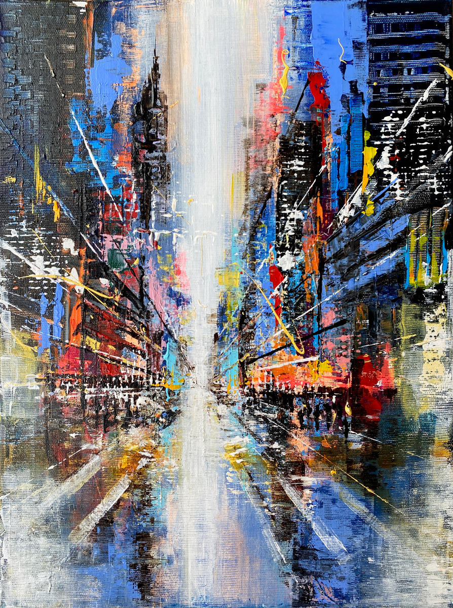 Abstrakte Stadtlandschaft mit dynamischer Perspektive und urbaner Struktur.