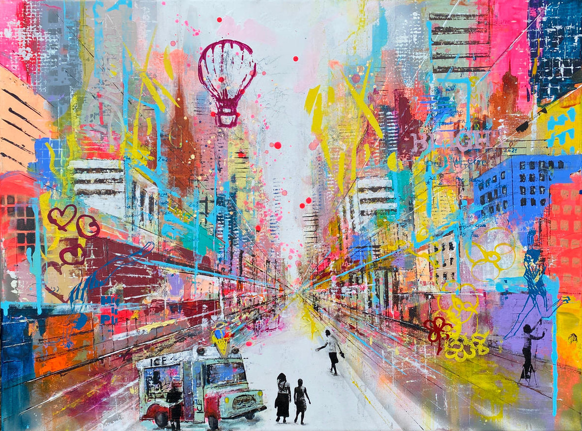 Abstrakte Stadtmalerei mit zentraler Perspektive aus der Serie Urban Axis von Nina Groth, Acryl auf Leinwand.