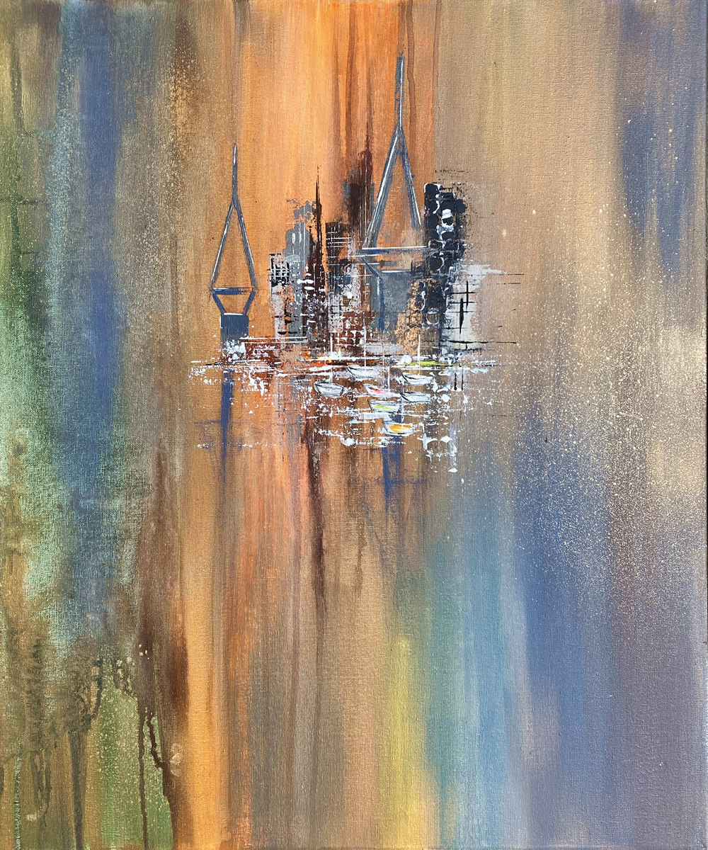 Abstraktes Auftragsgemälde mit Hamburger Skyline und Köhlbrandbrücke