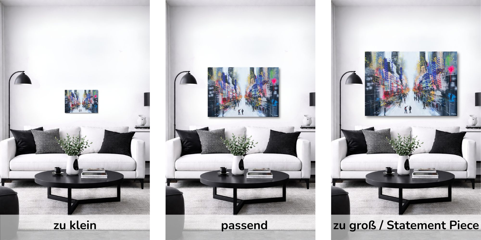 Vergleich von Bildgrößen im Wohnzimmer: zu klein, passend und großes Statement Piece über Sofa