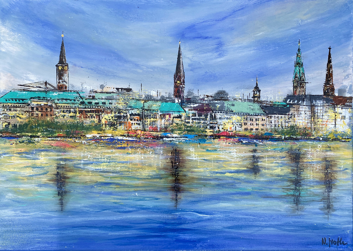 Moin von der Alster von Nina Groth, Acrylgemälde mit Blick auf die Hamburger Alster, Spiegelungen der Kirchtürme im Wasser sowie Rathaus, Michel und Jakobikirche in der Skyline.