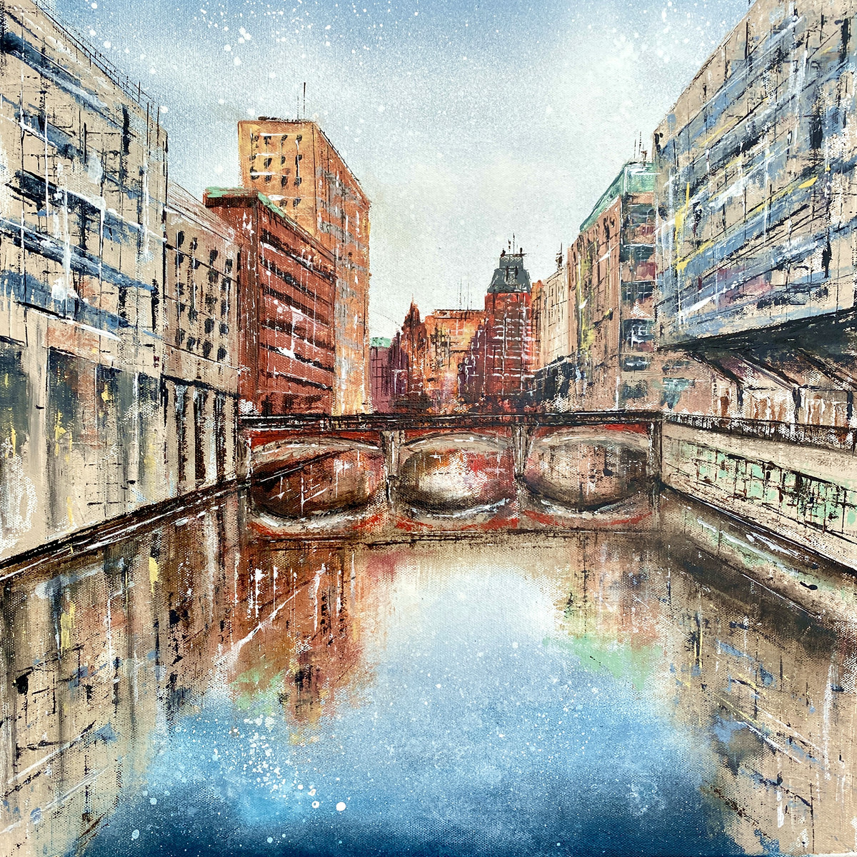 Alsterfleet von Nina Groth, Acrylgemälde mit Blick auf das Hamburger Alsterfleet am Alten Wall, Spiegelungen im Wasser und zentraler Fluchtpunktperspektive entlang der Brücke.