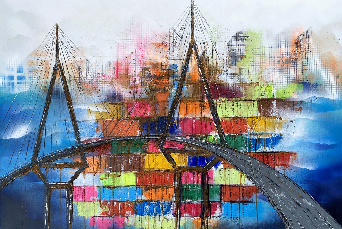 Container von Nina Groth, Acrylgemälde mit bunten Containern unter der Köhlbrandbrücke in Hamburg, industriellen Hafenstrukturen und Rostspuren.