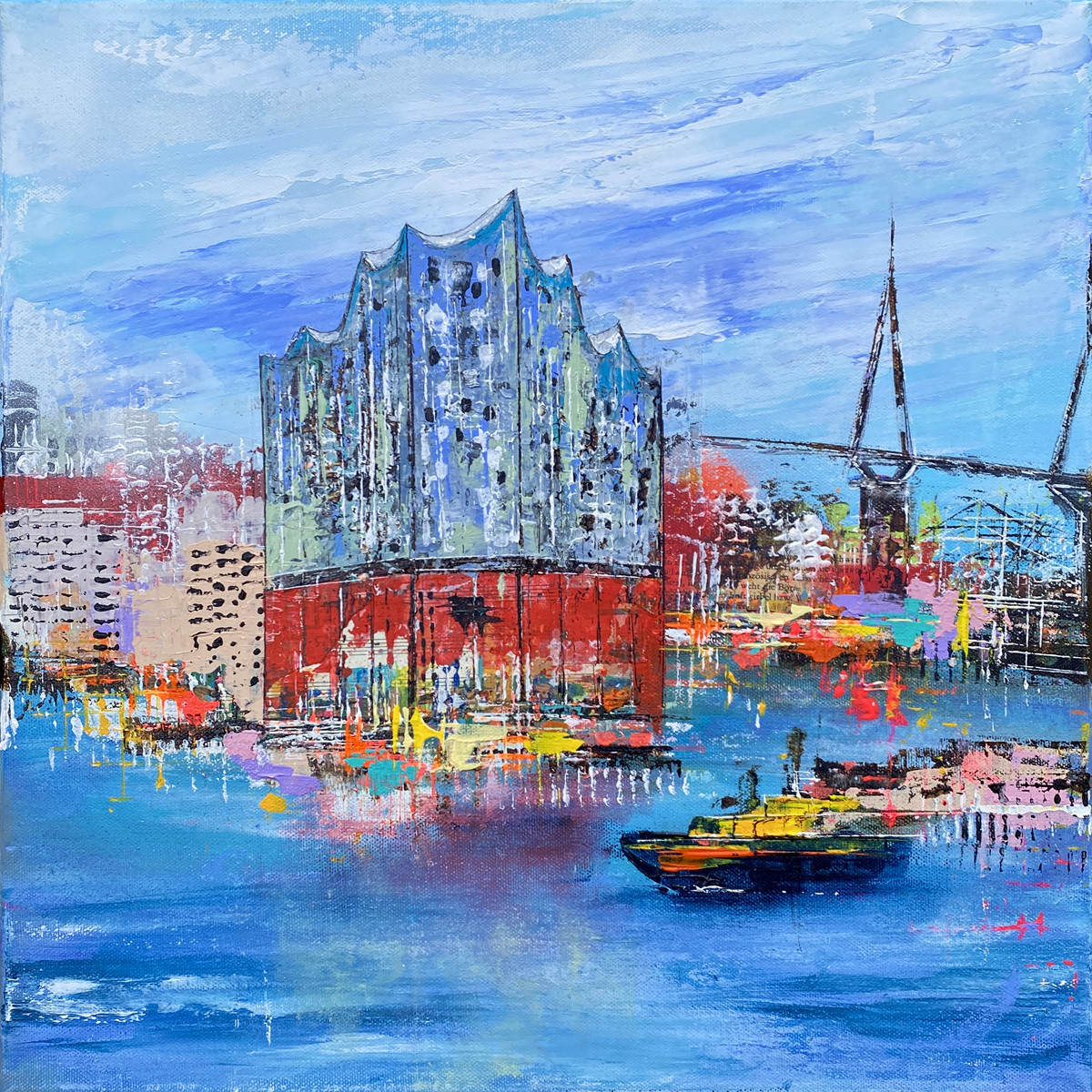Hafenkante im Takt von Nina Groth, Acrylgemälde der Hamburger Elbphilharmonie mit Hafenarchitektur, Wasserflächen und moderner Skyline.