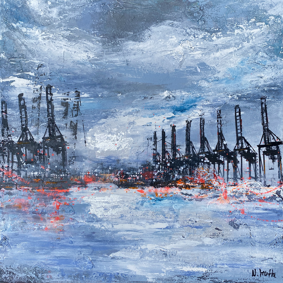Zwischen Himmel und Wasser von Nina Groth, Acrylgemälde mit Hafenkränen im Nebel, atmosphärischer Himmelstruktur und Spiegelungen auf der Elbe in Hamburg.
