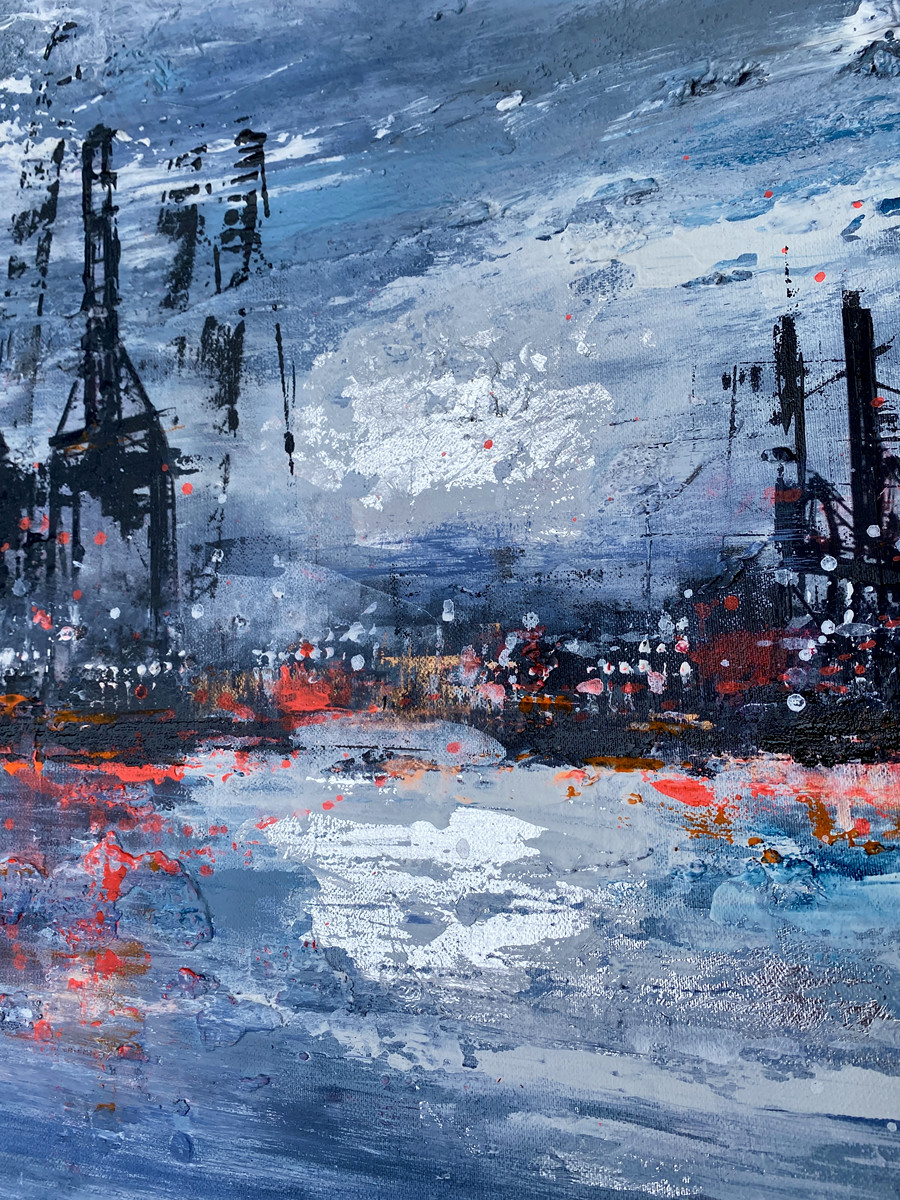 Zwischen Himmel und Wasser – Detail Lichtreflexion Detail aus Zwischen Himmel und Wasser von Nina Groth mit gerichteter Lichtreflexion über der Hafenskyline und Spiegelung im Wasser.