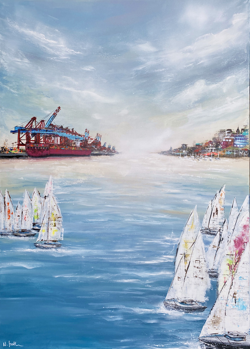 Heimathafen von Nina Groth, Acrylgemälde mit Segelschiffen vor dem Hamburger Containerterminal, Hafenkränen und maritimer Atmosphäre.