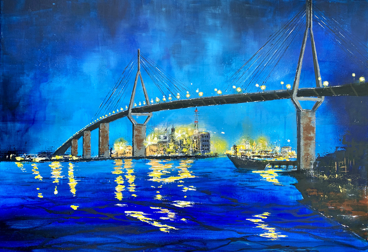 Leitstern Sehnsucht von Nina Groth, Acrylgemälde der Köhlbrandbrücke in Hamburg bei Nacht mit gelben Lichtreflexionen auf dem Wasser und Brückenpfeilern.