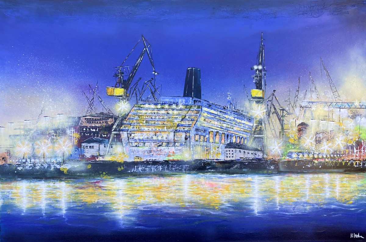 Klare Sicht von Nina Groth, Acrylgemälde eines Kreuzfahrtschiffs im Trockendock einer Hamburger Werft mit Hafenkränen und Spiegelungen im Wasser.
