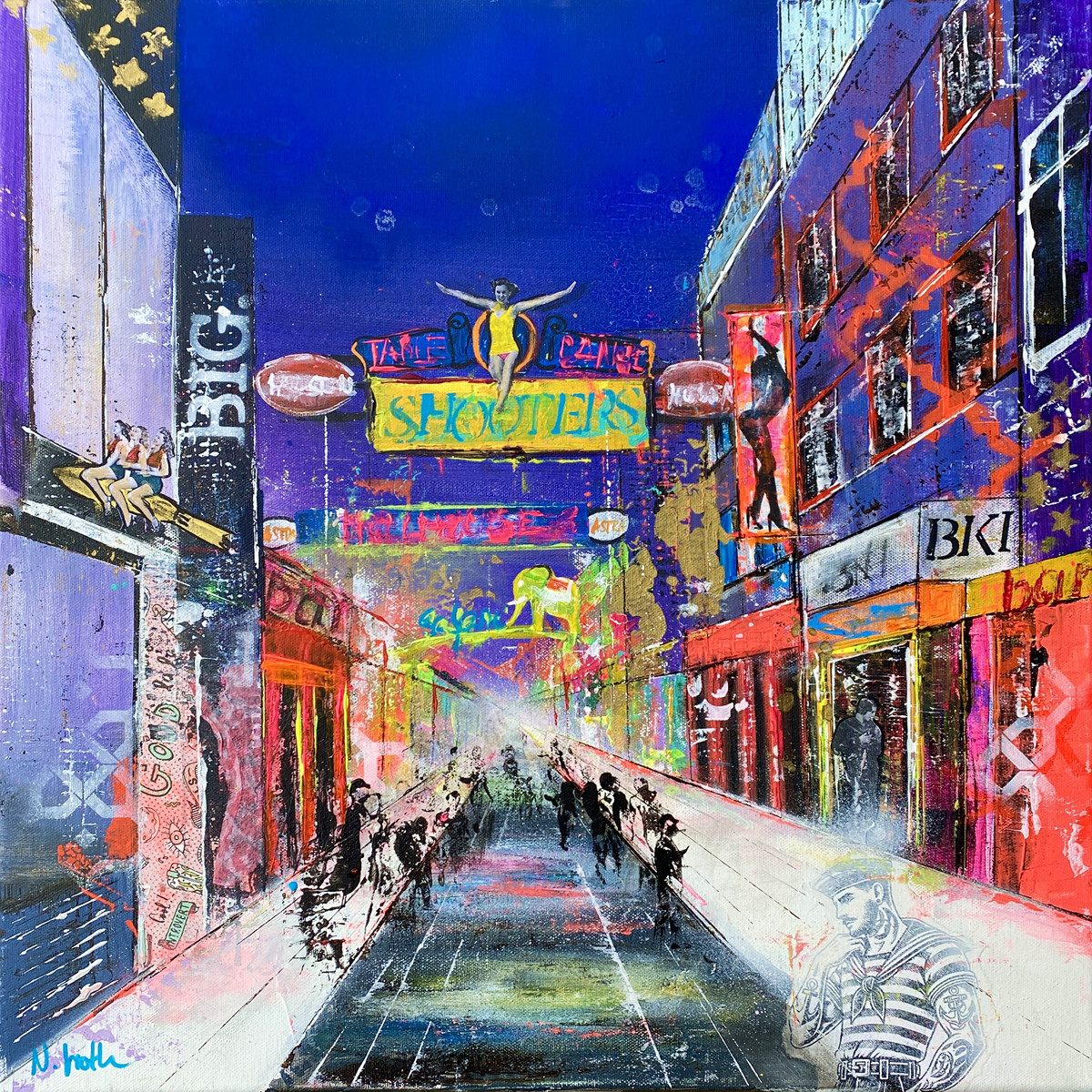 Ankerplatz der Freiheit von Nina Groth, Acrylgemälde der Hamburger Reeperbahn bei Nacht mit leuchtenden Neonreklamen der Großen Freiheit und urbaner Atmosphäre.