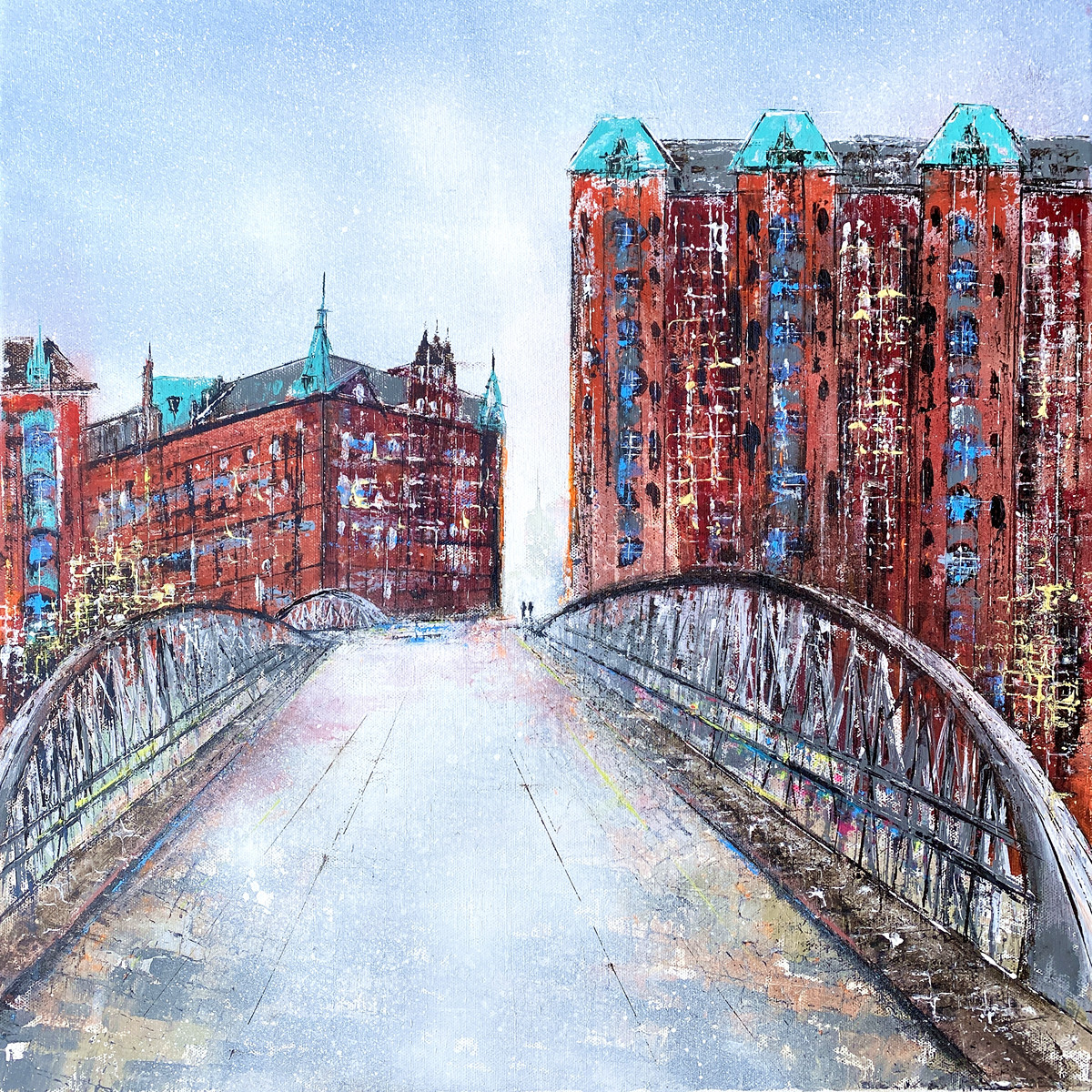 Speicherstadt von Nina Groth, Acrylgemälde der Hamburger Speicherstadt mit historischer Backsteinarchitektur und Brückenstruktur über dem Wasser.