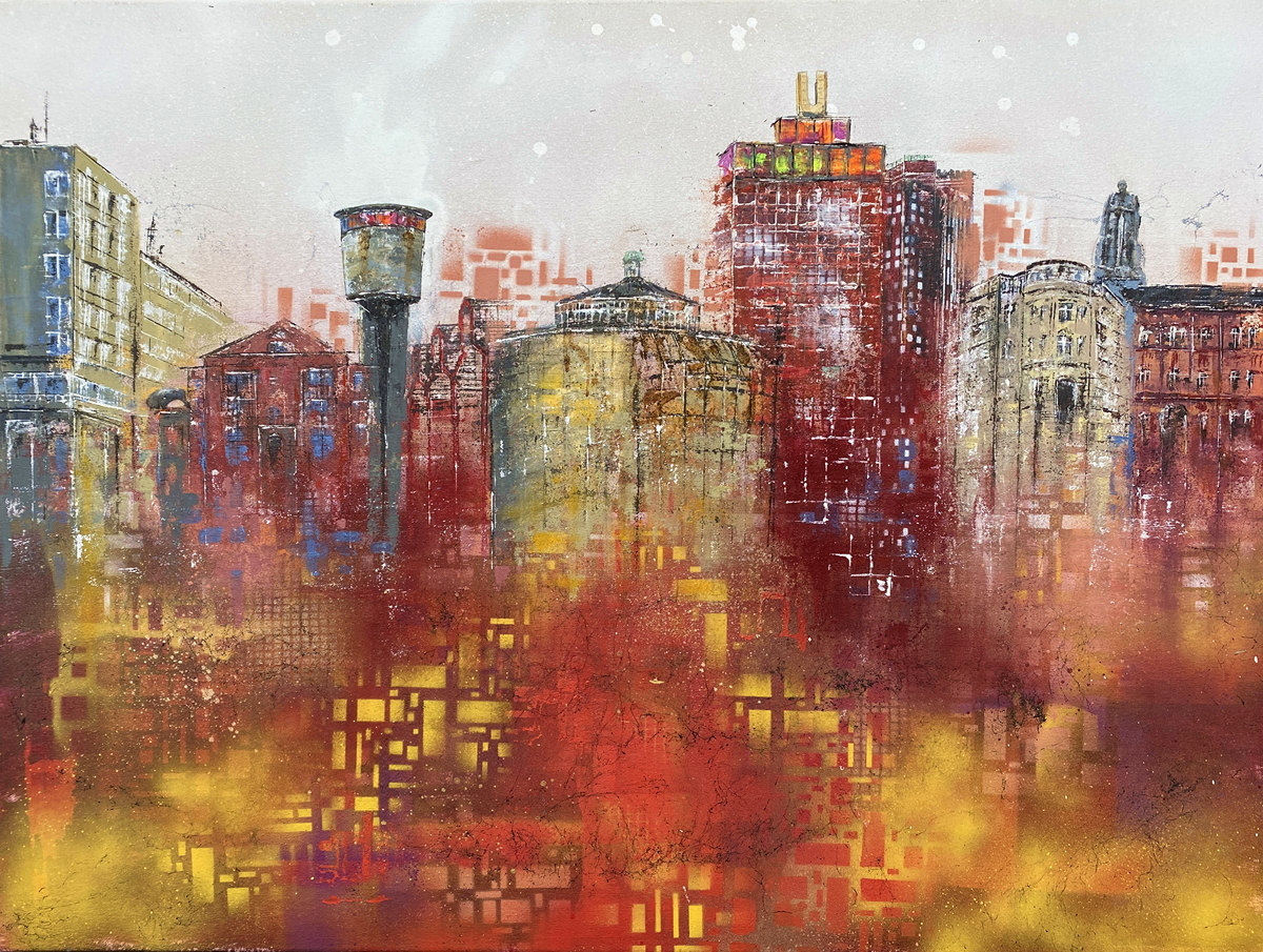 Individuelles Auftragsgemälde mit prägenden Orten einer beruflichen Laufbahn Individuelles Auftragsgemälde mit Gebäuden aus Hamburg und Dortmund