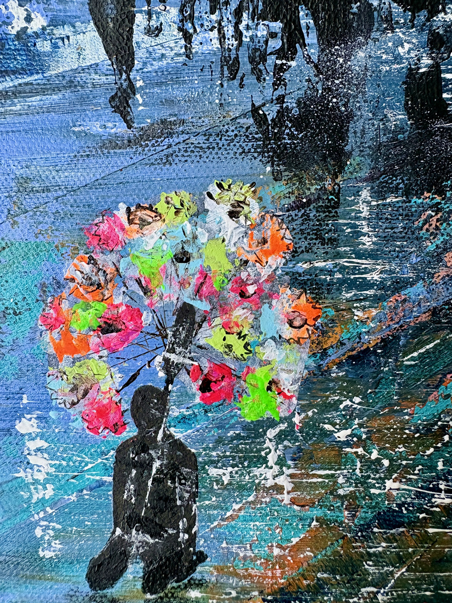 Urban Axis – A Moment in the Flow I – Detail figure with pinwheels detail of abstract cityscape with figure and colorful pinwheels in an urban street scene, A Moment in the Flow I