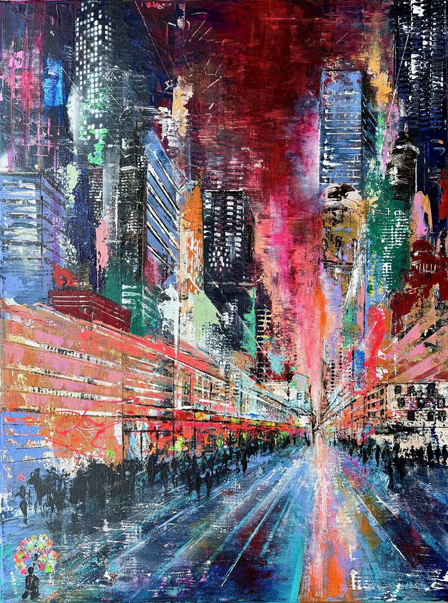 Moderne Stadtperspektive mit Fluchtpunkt und Menschenmengen, abstrakte Stadtmalerei aus der Serie Urban Axis von Nina Groth.