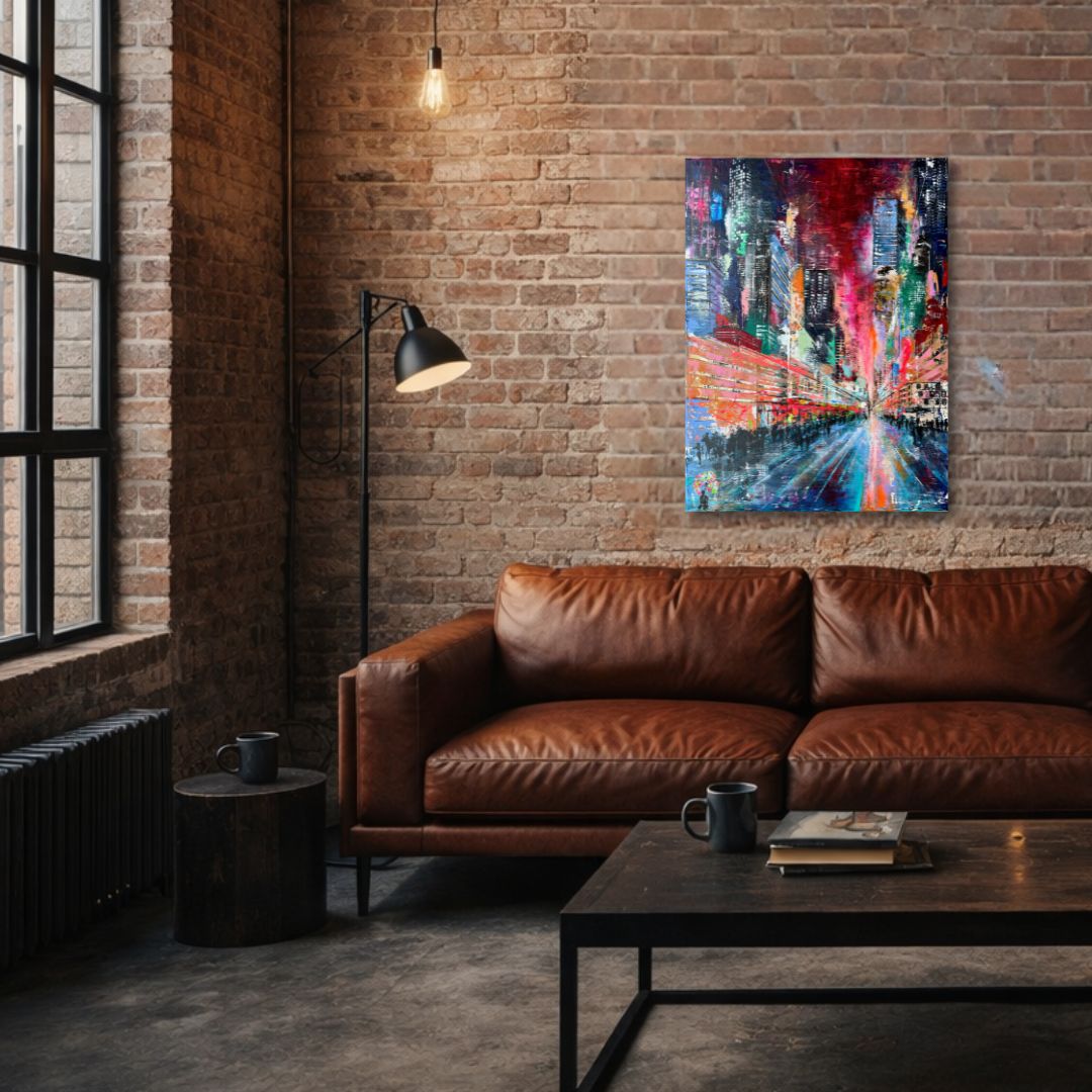 Urban Axis – A Moment in the Flow I – Interior mockup abstract cityscape painting in industrial loft interior with brick wall, Urban Axis – A Moment in the Flow I by Nina Groth