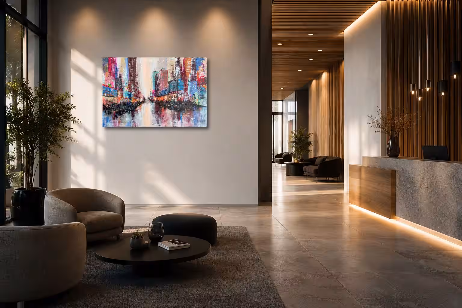 Modernes Lobby-Interior mit großformatigem Urban-Axis-Gemälde von Nina Groth und atmosphärischer Raumwirkung