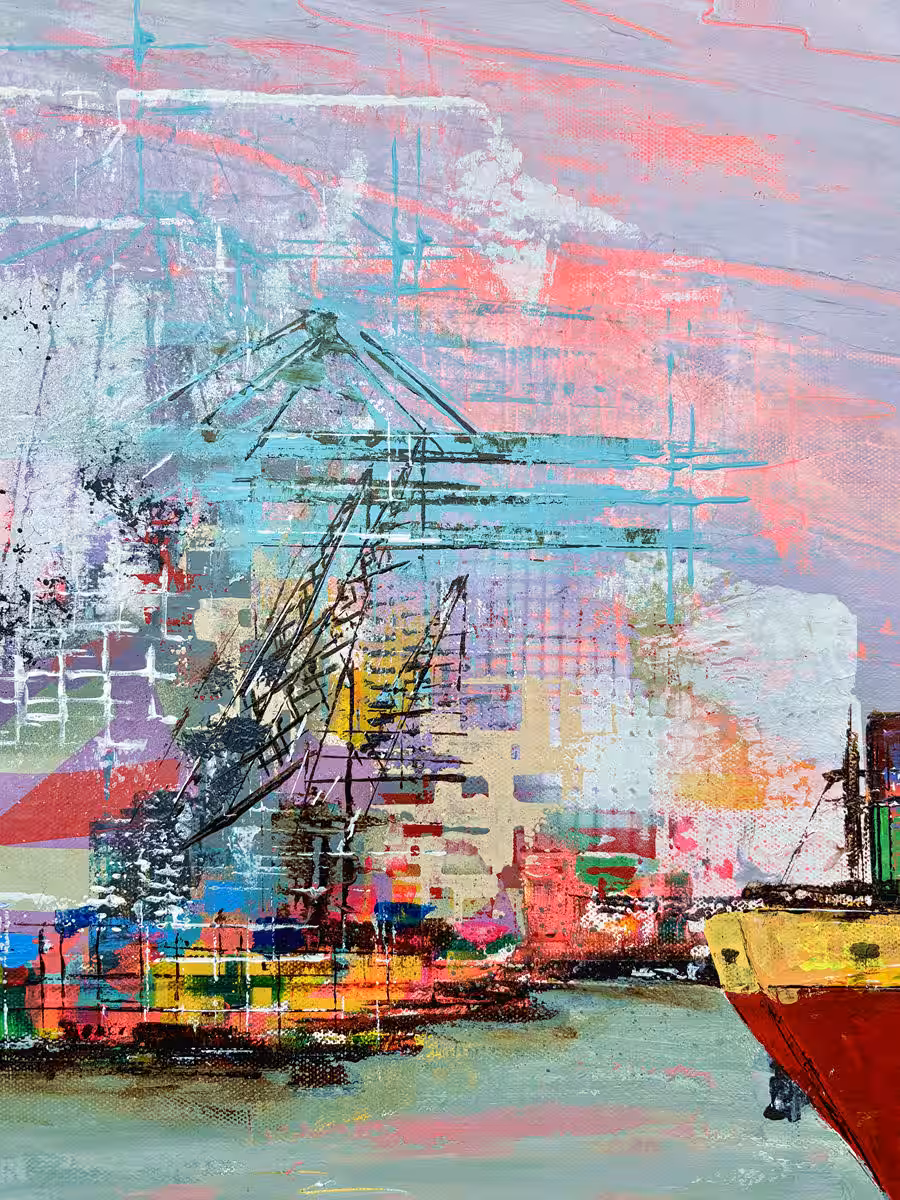 Steel & Sky – Passage Lines I | Detail Hafenstrukturen Abstrahierter Containerhafen mit Kränen, urbanen Strukturen und industriellen Elementen aus der Serie Steel & Sky von Nina Groth