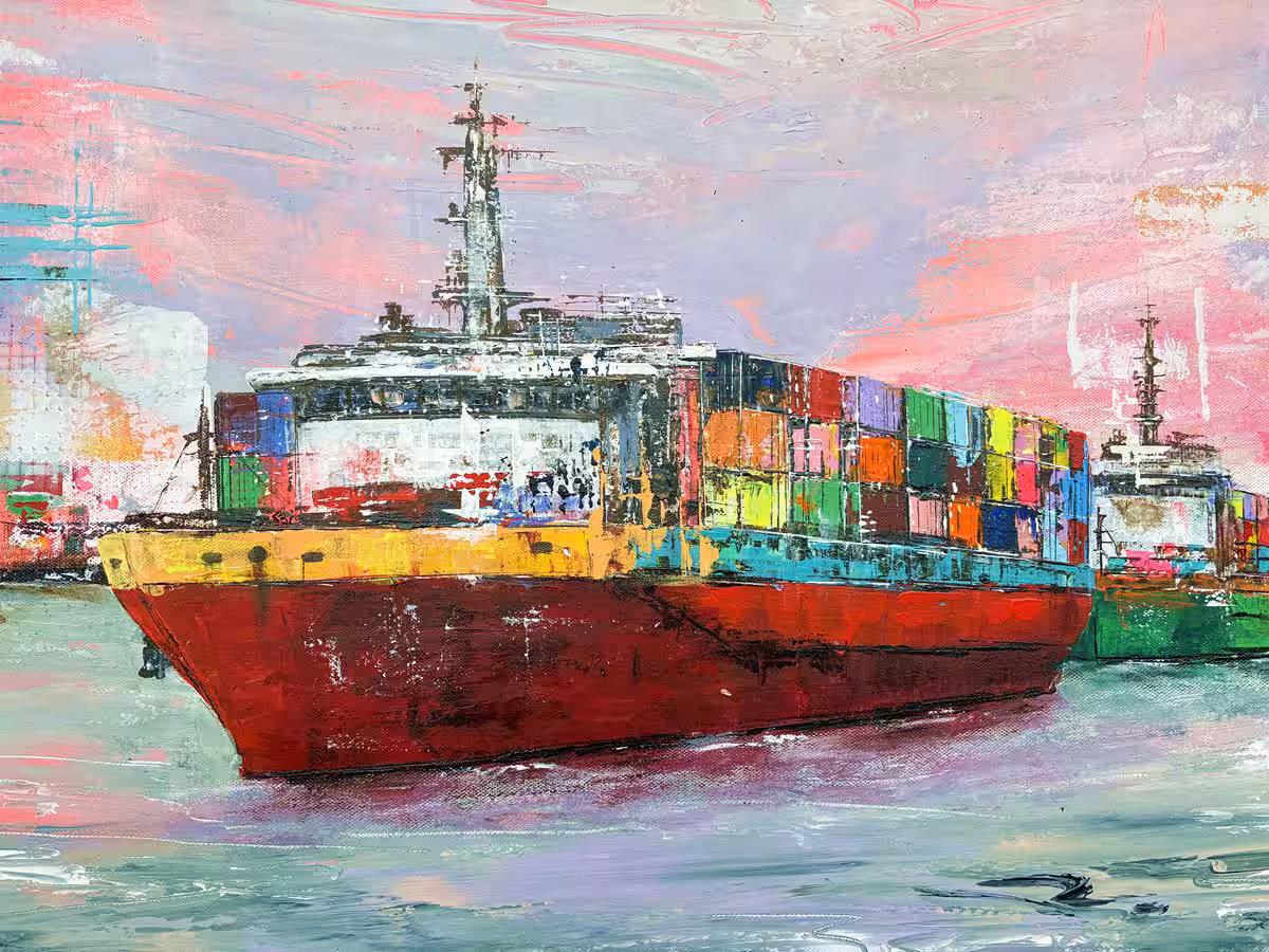 Steel & Sky – Passage Lines I | Detail Containerschiff Detailansicht eines Containerschiffs mit bunten Containerstrukturen in moderner maritimer Kunst aus der Serie Steel & Sky von Nina Groth