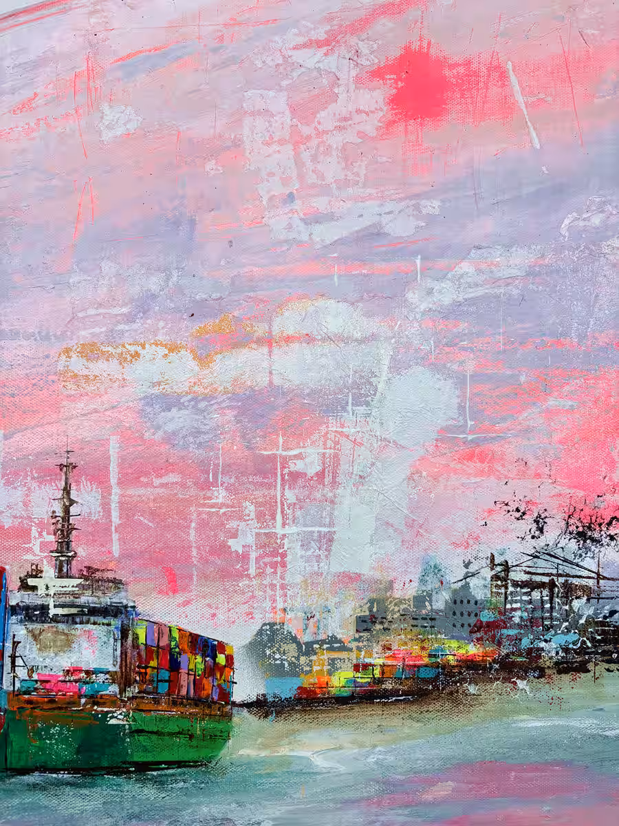 Steel & Sky – Passage Lines I | Detail Himmel und Hafenskyline Expressiver Himmel mit abstrakter Hafenskyline in moderner maritimer Kunst aus der Serie Steel & Sky von Nina Groth