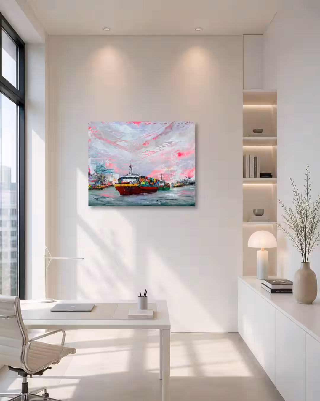 Steel & Sky – Passage Lines I | Wohnsituation moderner Arbeitsraum Moderne maritime Kunst mit Containerschiffen aus der Serie Steel & Sky von Nina Groth in einem modernen Arbeitsraum präsentiert