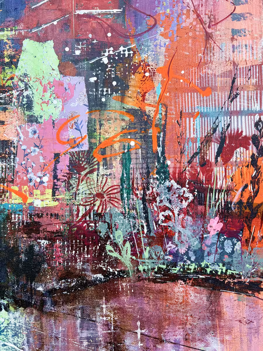 Urban Axis – Found Along the Way I | Detail florale Elemente Detail einer abstrakten Stadtmalerei mit floralen Elementen und versteckten Entdeckungen, Urban Axis – Found Along the Way I