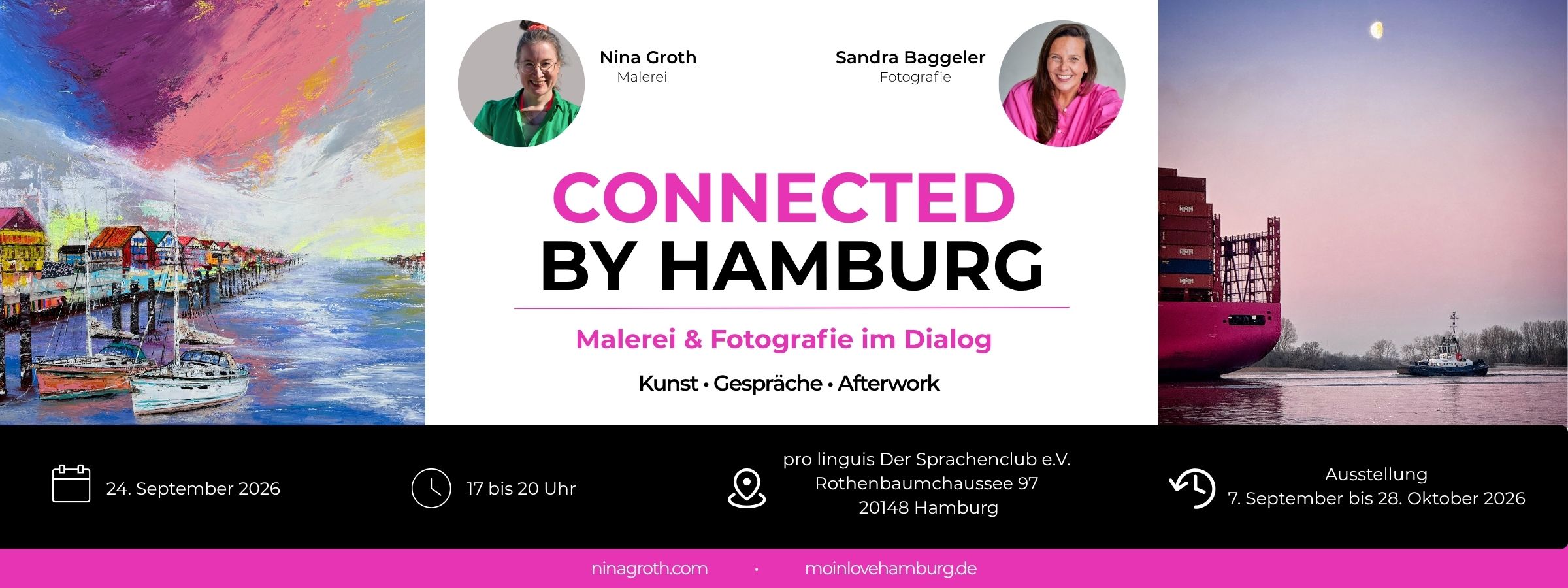 Header der Ausstellung „Connected by Hamburg“ mit Mixed-Media-Malerei von Nina Groth und Fotografie von Sandra Baggeler.