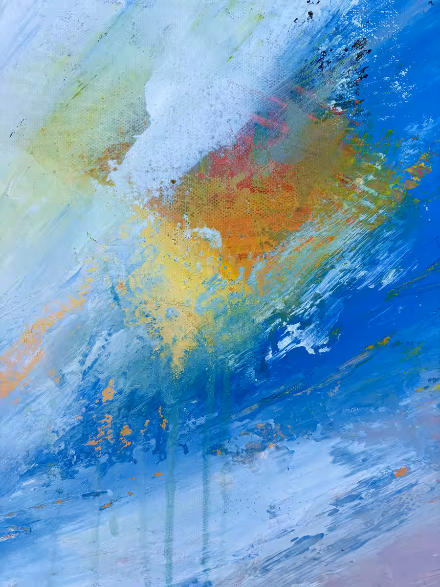 Drift & Direction – Beneath the Same Sky I | Detail des expressiven Himmels Detail des expressiven Himmels aus Drift & Direction – Beneath the Same Sky I mit Lichtspuren, verborgenen Sternen und Mixed-Media-Strukturen.